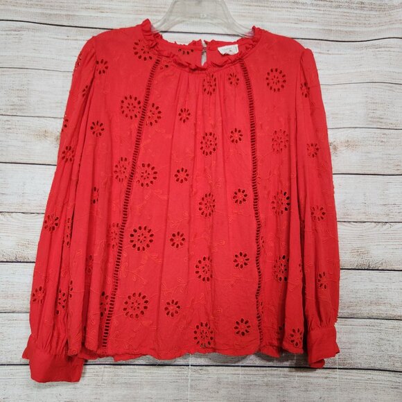 Nicole Miller Womens Artelier Long Sleeve Blouse Embroidered Eyelet Red Large - Picture 1 of 12